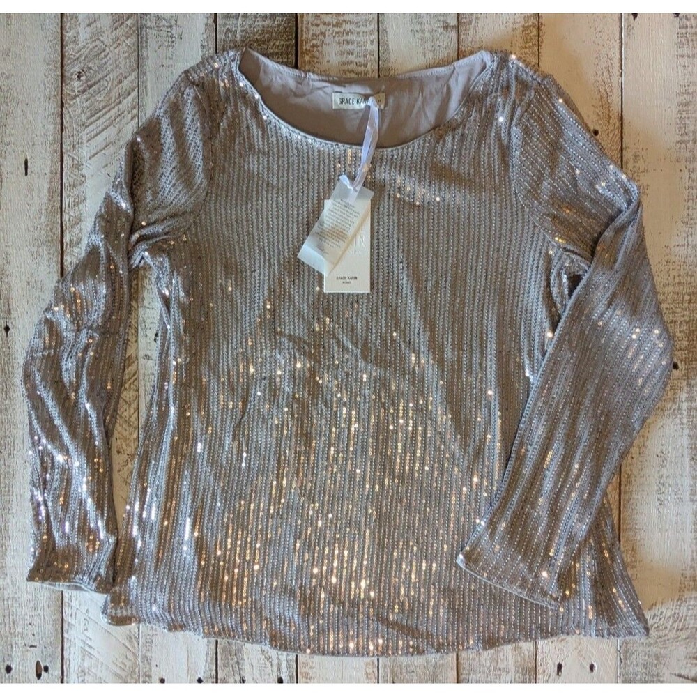 GRACE KARIN Silver Sequin Round Neck Long Sleeve Blouse Size S